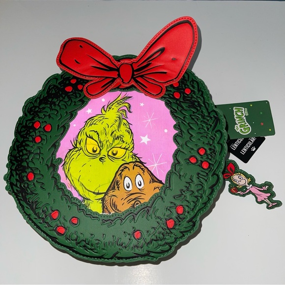 Dr. Seuss' How the Grinch Stole Christmas Wreath Crossbody Bag Red Green - Picture 8 of 12